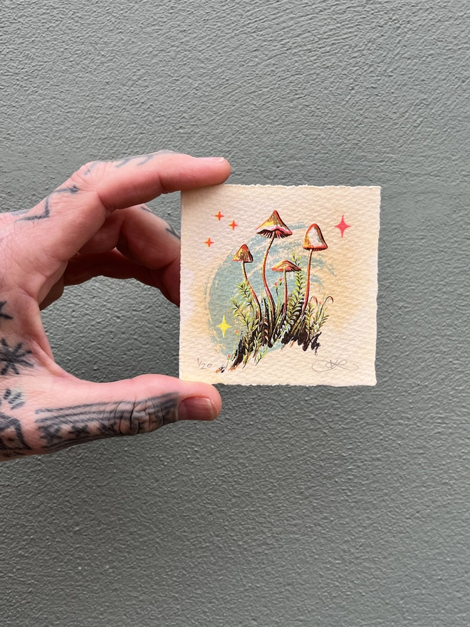kath leone screenprint mosscaps mushroom miniature art