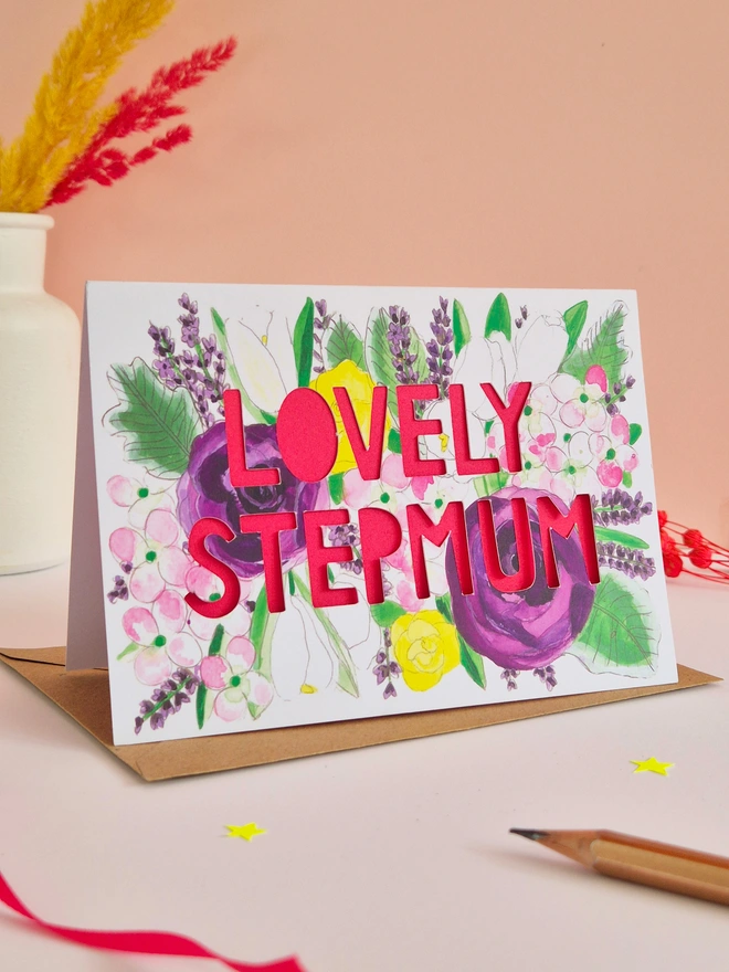 Floral illustration Card with lovely Stepmum paper cut text 