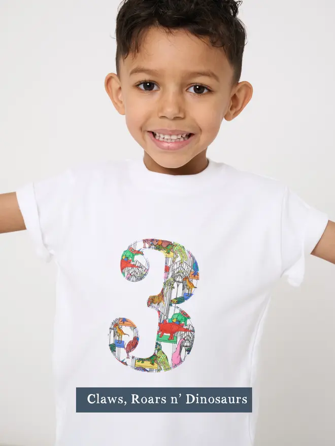 a 3 year old boy wearing a white birthday t-shirt with a number 3 cut from liberty dinosaurs print on the front