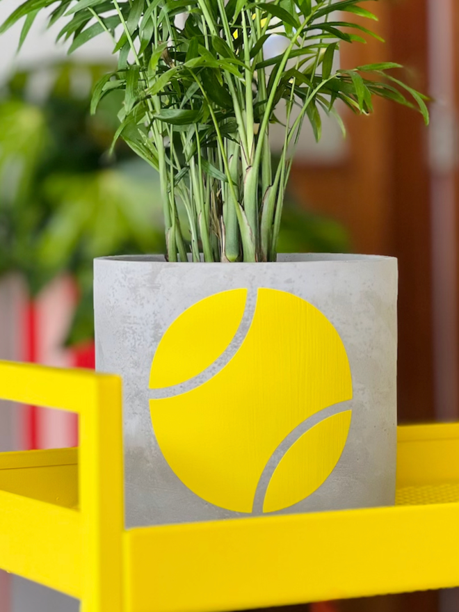 Concrete plant pot with yellow tennis ball design and a palm plant on a yellow trolley