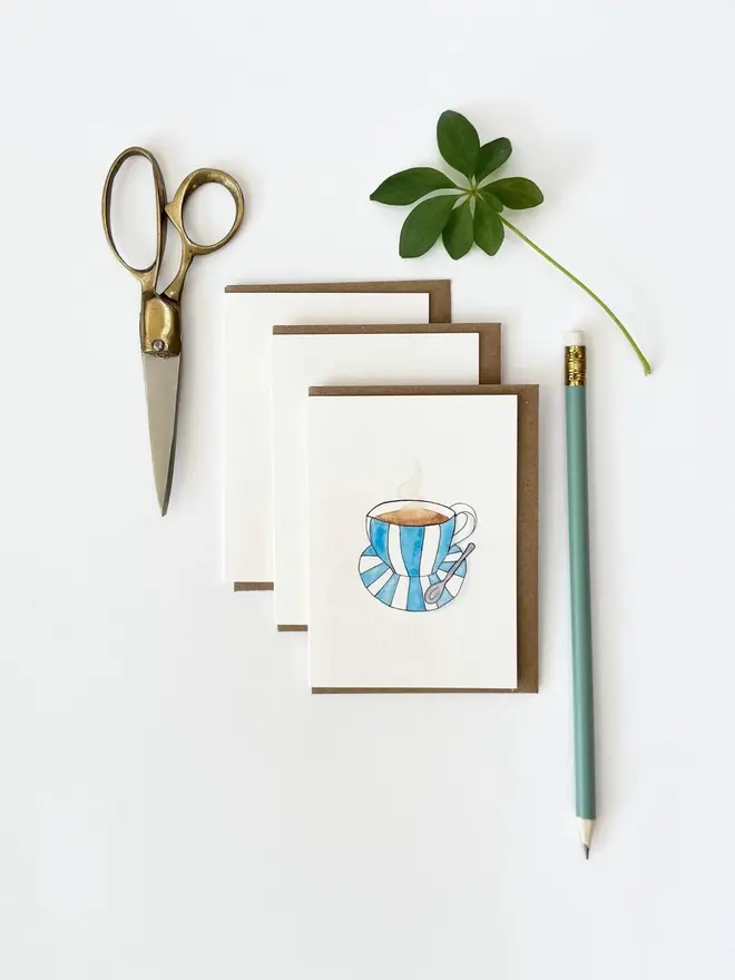 cup and saucer illustrated mini cards (pack of 3). card set photographed against plain white backdrop.