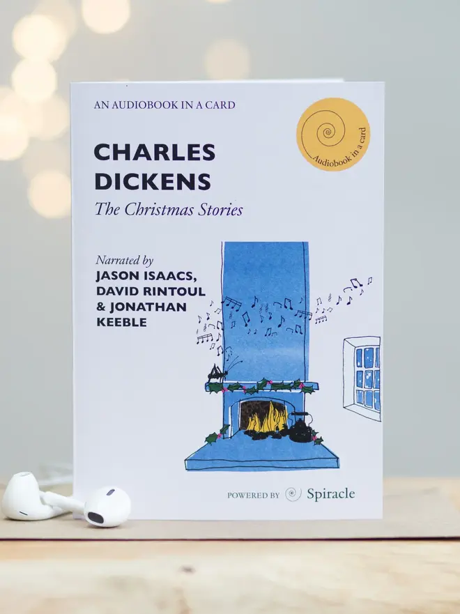 'Charles Dickens: The Christmas Stories' Audiobook Card, against a grey background. 