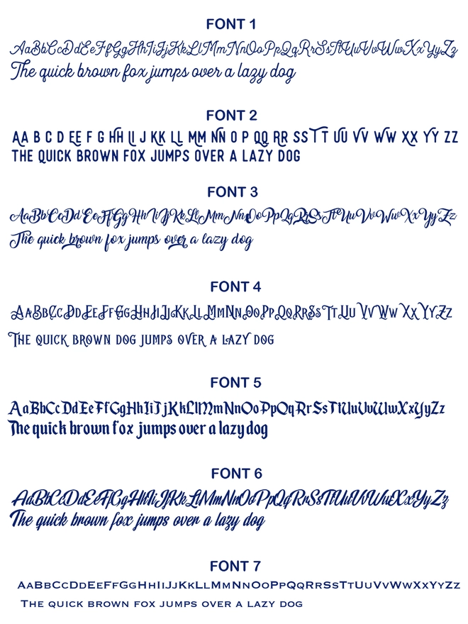A list of seven font types. Each showing the alphabet and a pangram 