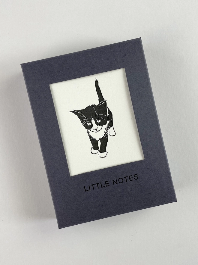 Closed plastic free gift box of pussy cat designs that include eight note cards and nine envelopes for those naughty little mistakes