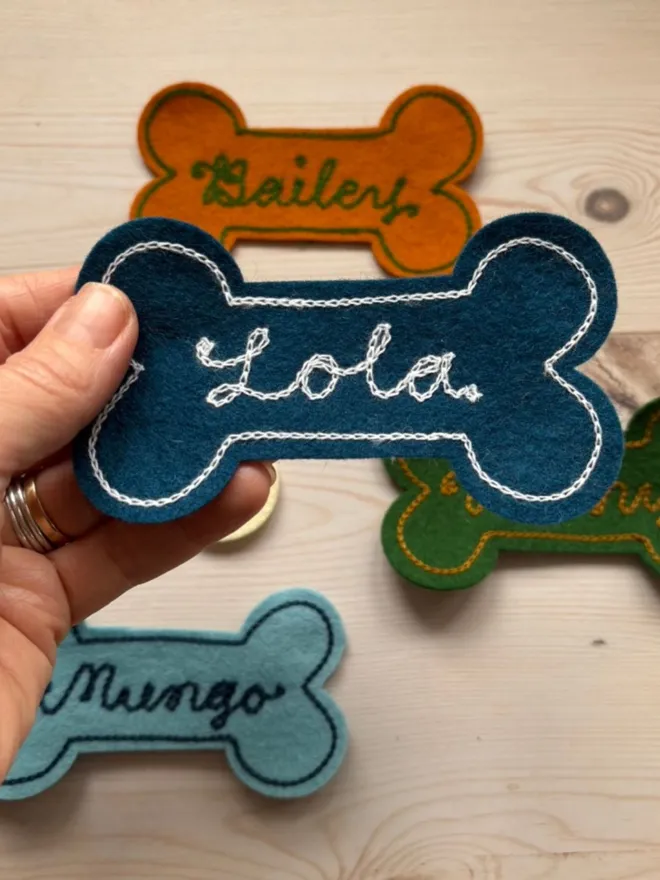 Personalised embroidered dog name patches in various colours