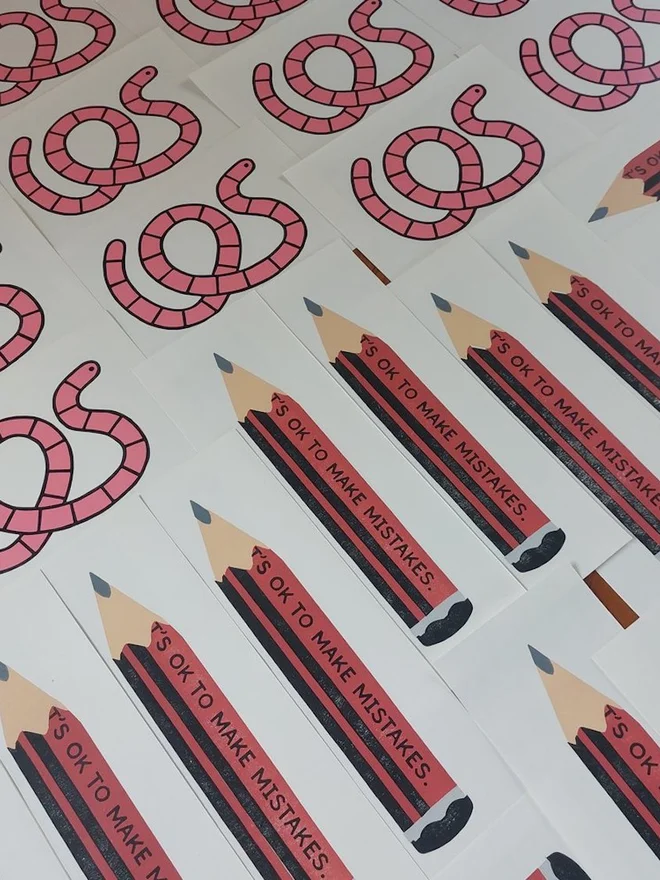 'Its Ok To Make Mistakes' Red Pencil Linocut 