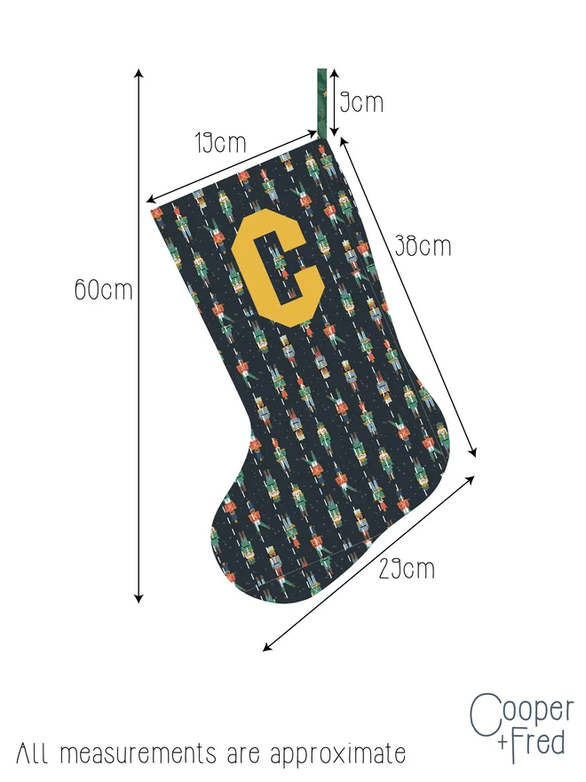 Cooper and Fred Toy Soldier Personalised Christmas Stocking Measurements