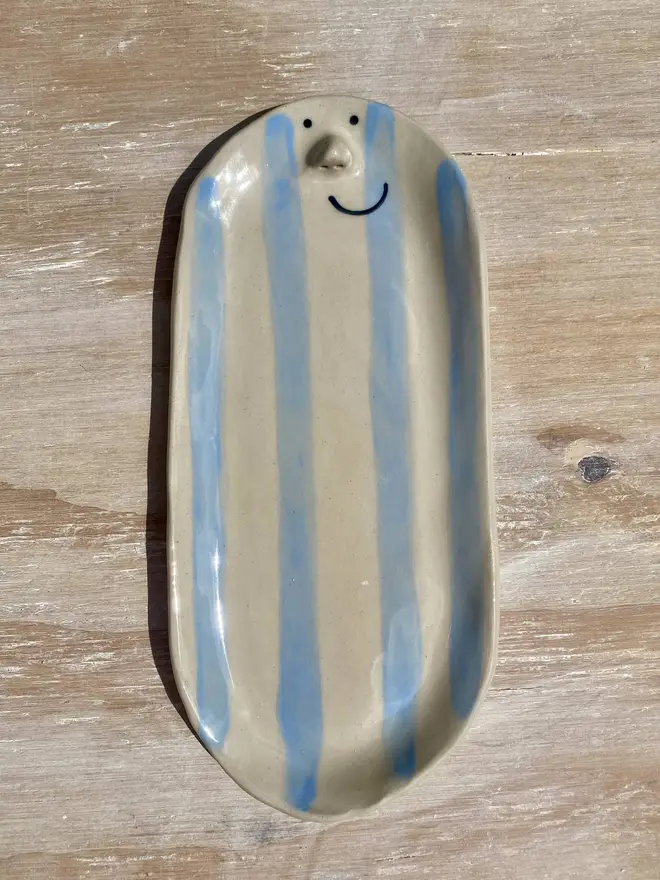 pastel blue long trinket dish front on