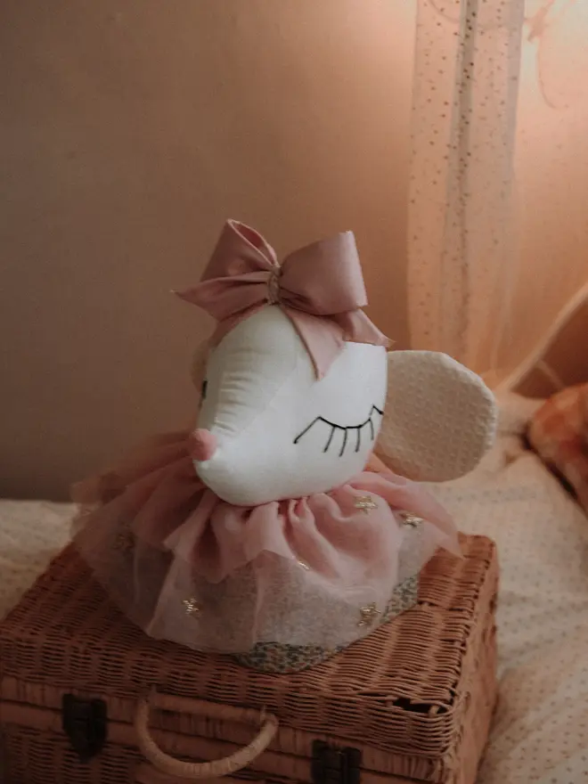 Handmade ballerina mouse wall decor for a girls’ nursery Mouse head wall hanging for baby room and nursery decoration
