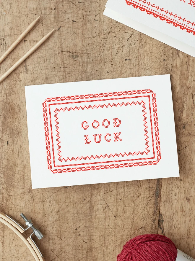 cross stitch good luck greeting card CS-LUCK-RD