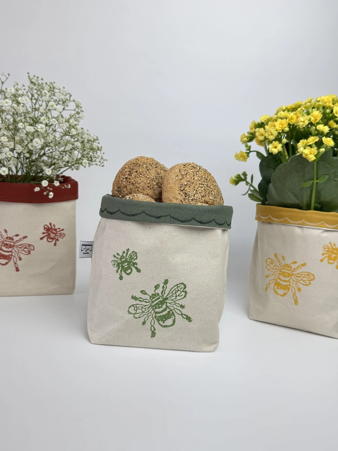 Bee Block Printed Fabric Bread Basket