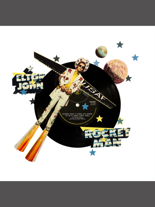 Rocket Man by Elton John ‘7” Single’ print of an original collaged artwork.