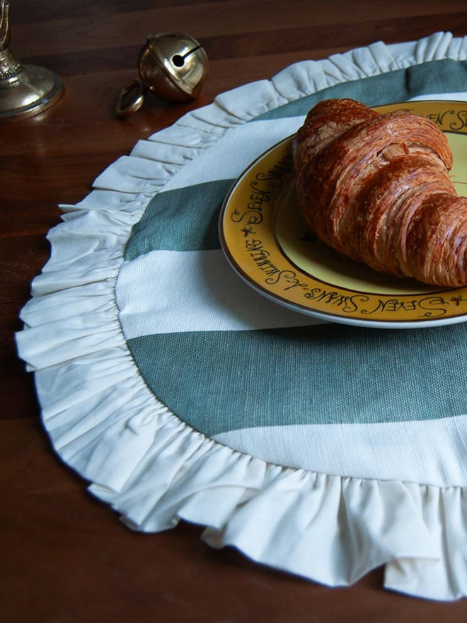 Sage Green Round Ruffle Striped Placemat