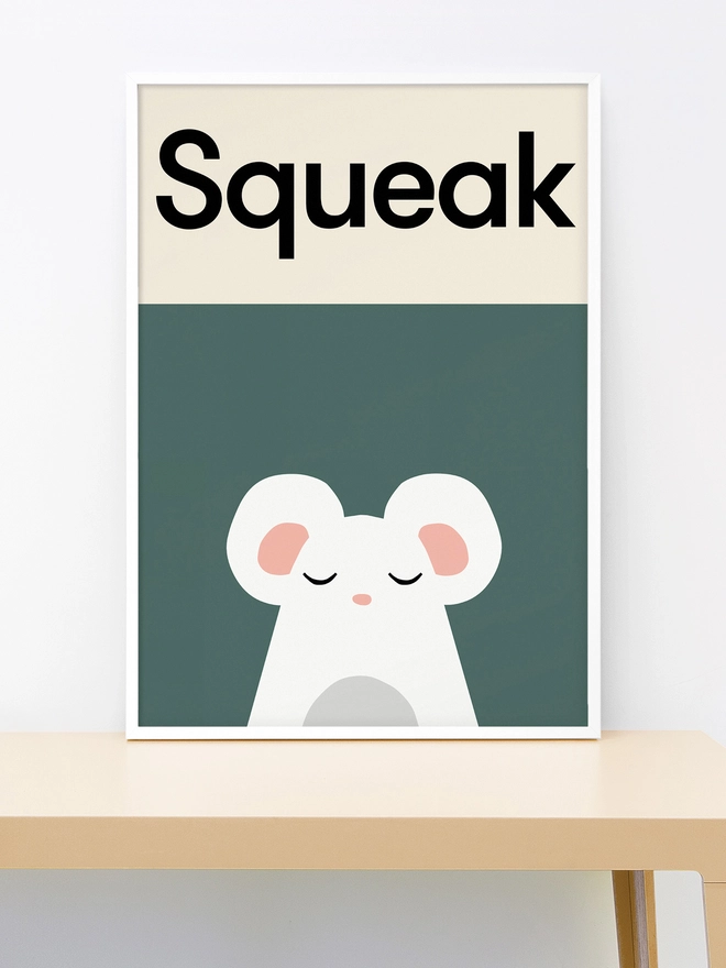 wall print of an illustrated mouse on green background