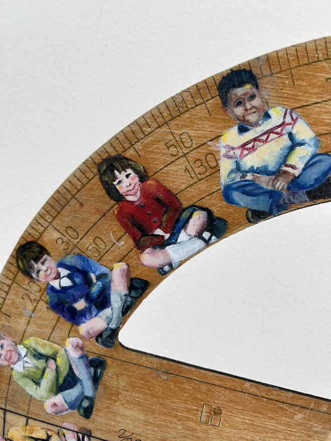 four crosslegged children painted on to classroom protractor