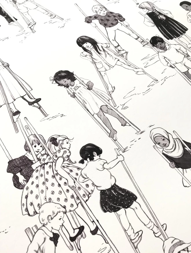 a close up of a black and white art print of children on stilts showing the pencil line work