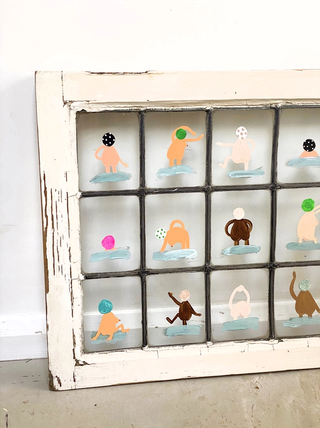 18 whimsical swimmers painted on old window stretching in the nude. Funny, quirky and playful
