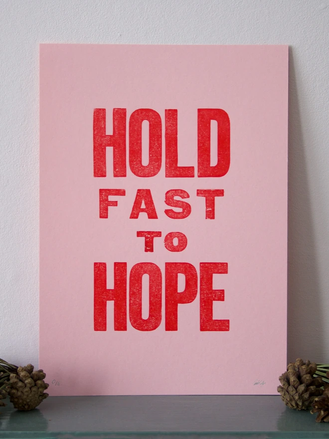 Letterpress print red ink on pink paper handmade A4 wall art