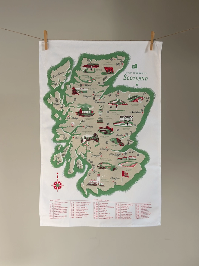 Golf Scotland Map Tea Towel