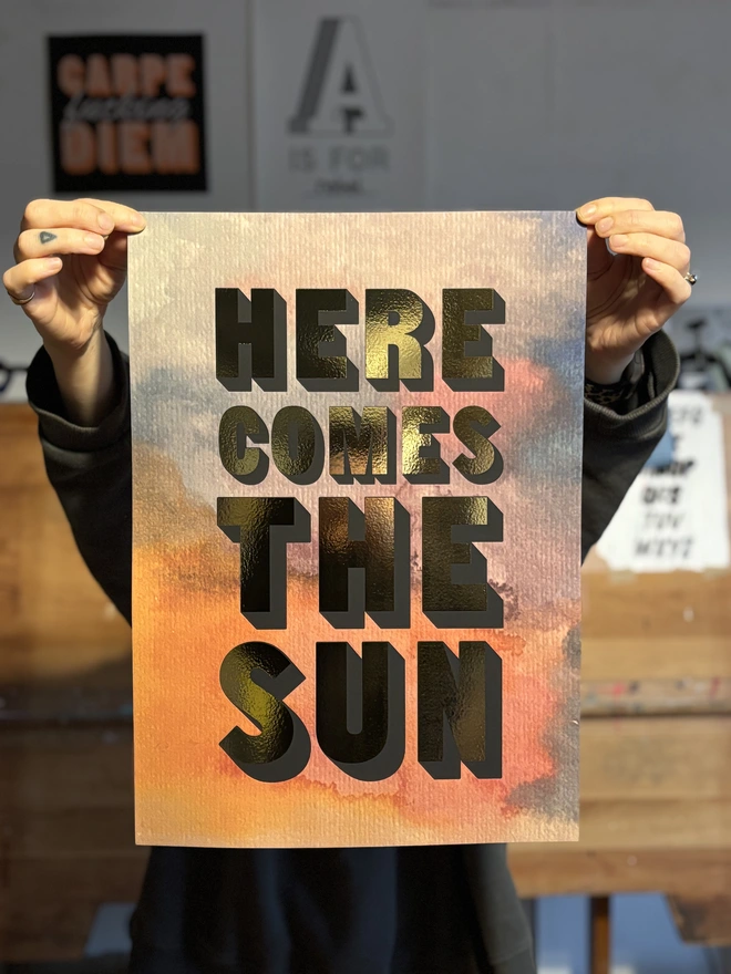 here comes the sun gold foil print watercolour background