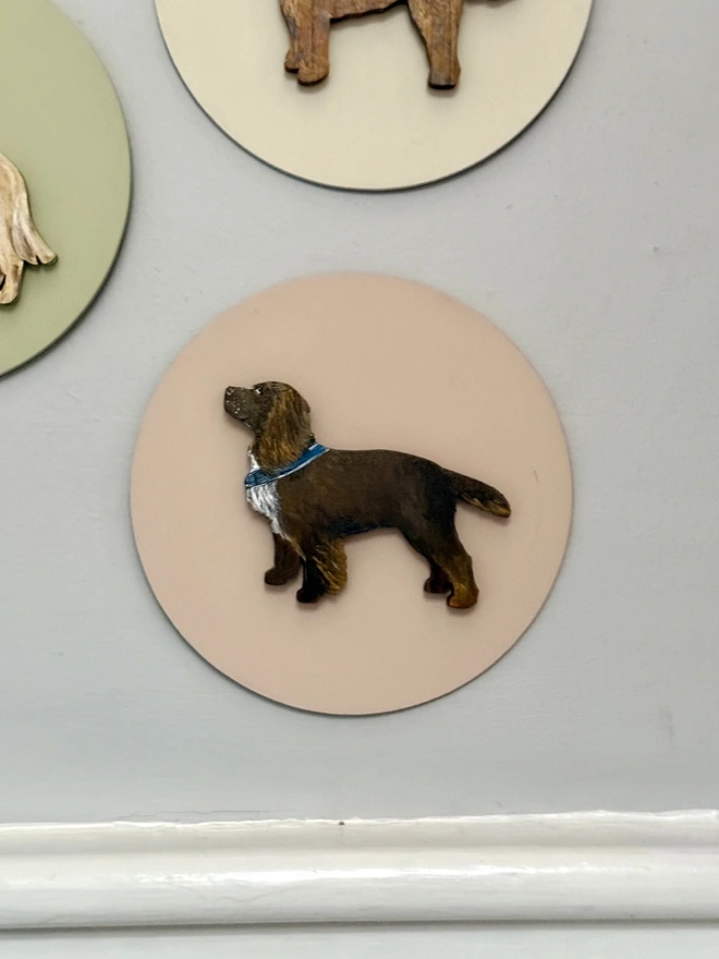 Hand - painted Working Cocker Spaniel Dog portait  - chocolate brown dog on pale green background