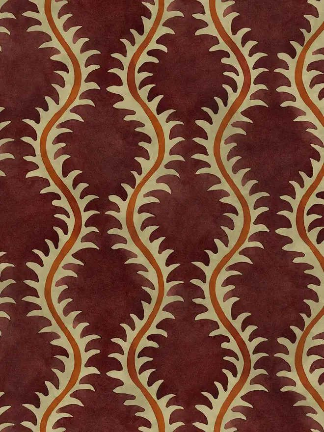 Close up of the redcurrant velvet patterned velvet used on the seats