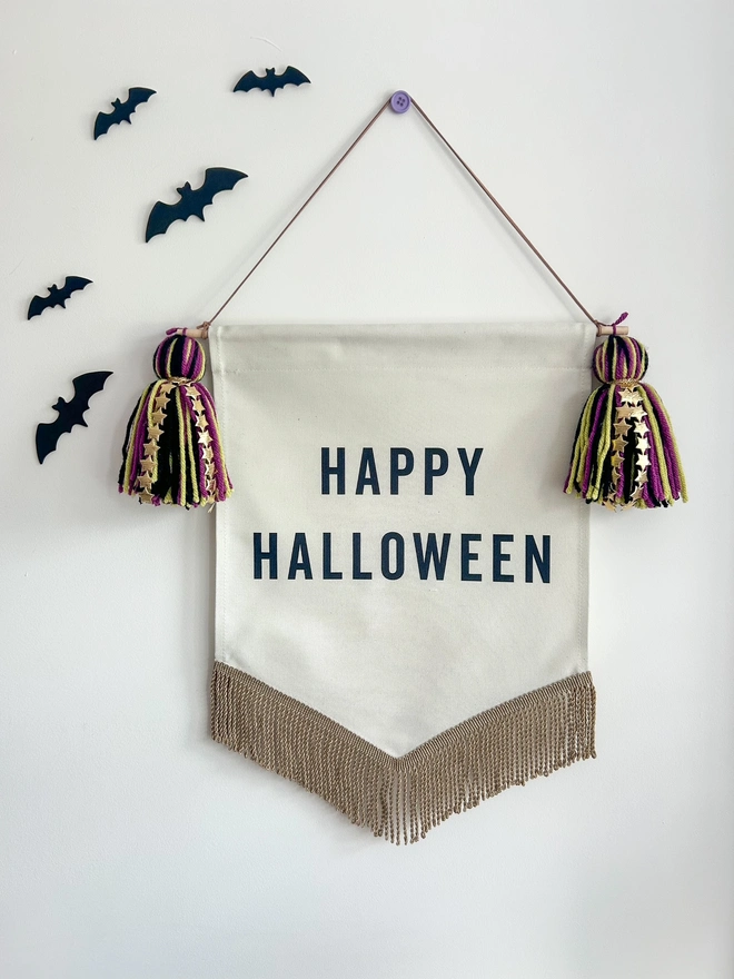 Happy Halloween Banner with a gold fringe trim