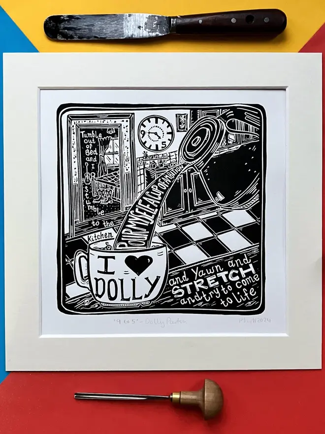 dolly parton 9 to 5 lino print