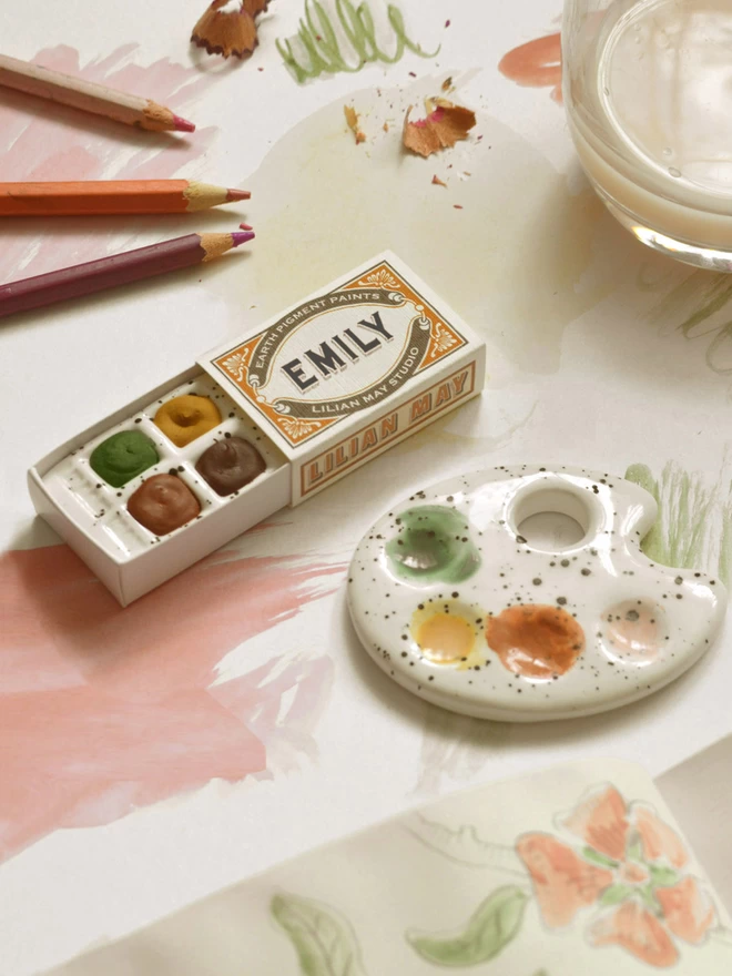 Natural handmade watercolour paint set with personalisation with a handmade ceramic mini palette.