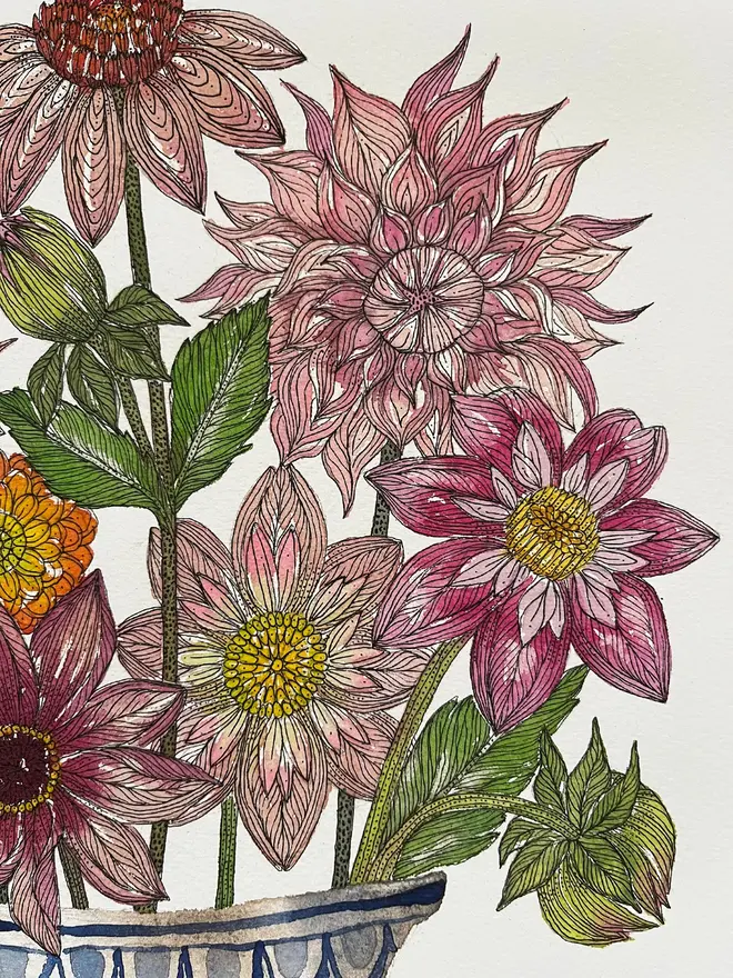 'A Delightful Bunch Of Dahlias' A3 Giclee Art Print