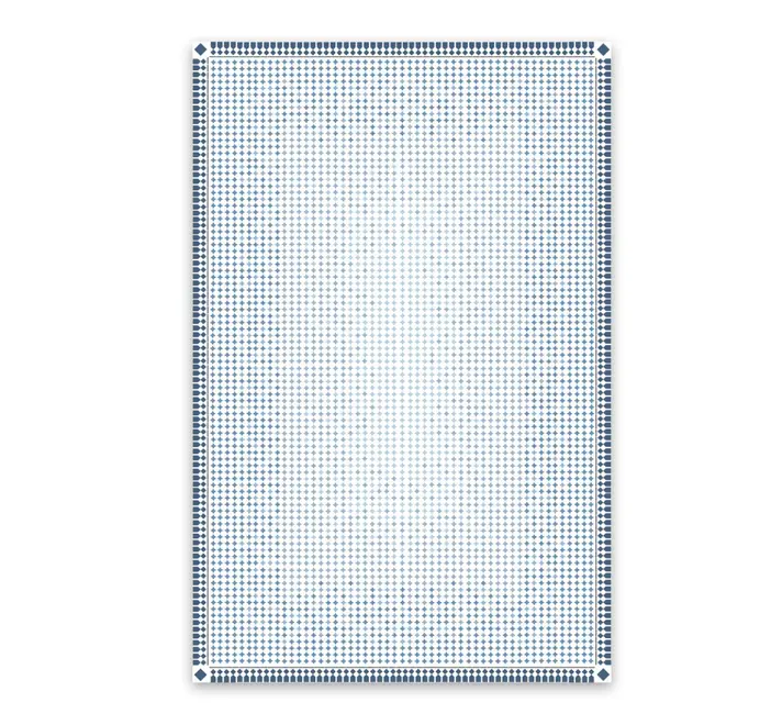 Casa Azul Tablecloth. Blue geometric Casa Azul tablecloth displayed on a white background. 