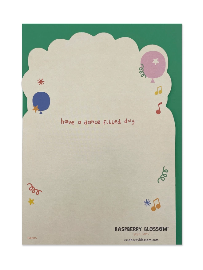 The reverse of the card has a ‘Have a dance filled day’ caption with a large space for your own joyful birthday message