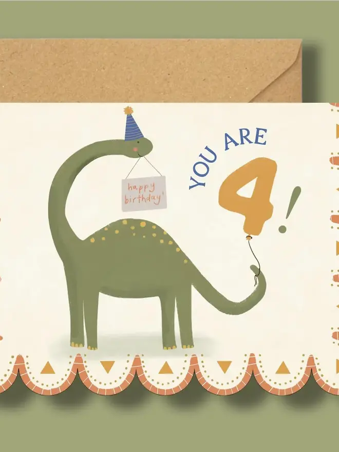 you are 4 dinosaur birthday card. scallop edged card with illustrated green dinosaur.
