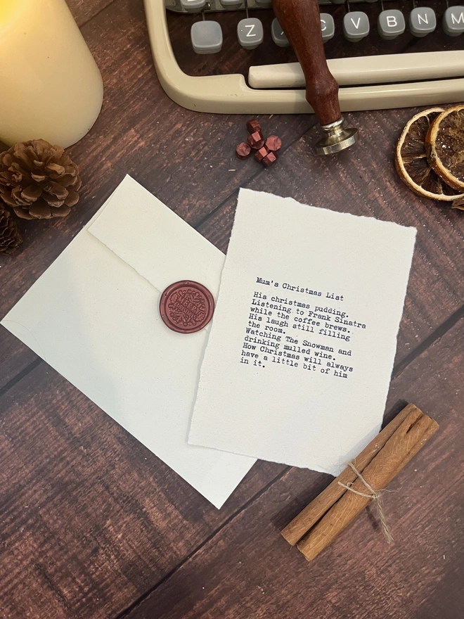 custom typewriter print handmade on cotton rag paper, featuring christmas list custom poem gift, envelope and wax seal