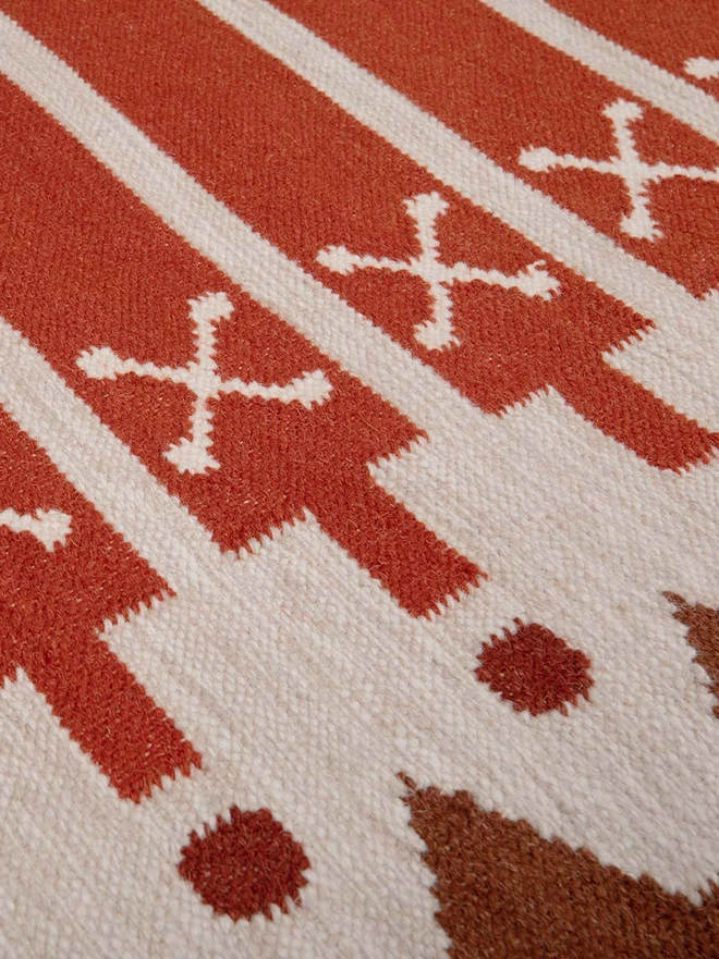 Darjeeling Flatweave Rug, a colourful rug on a plain surface. 