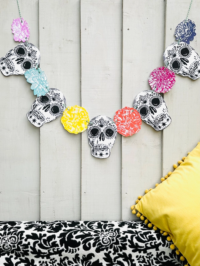 Skull 'Day Of The Dead' Hand Printed Linocut Garland 