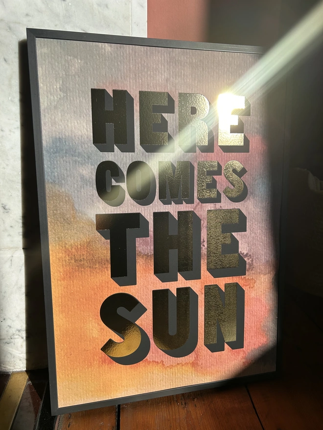 here comes the sun gold foil print watercolour background