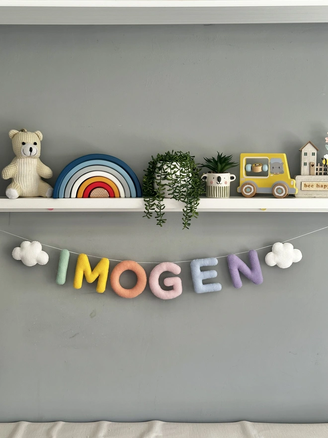 Personalised Name Garland  with Clouds, kids decoration, nursery bunting, baby gift, wall hanging in pastel shades