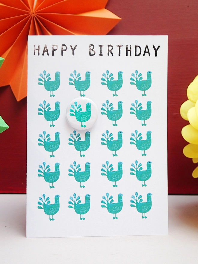 peacock pin badge birthday card