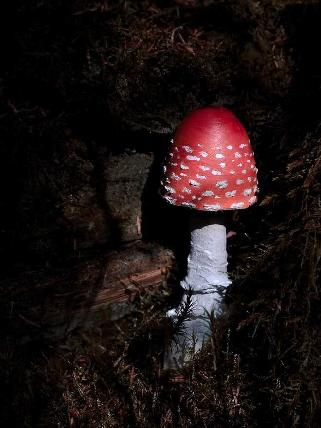 Handmade wooden toadstools and mushroom decorations inspired by enchanted woodland walks