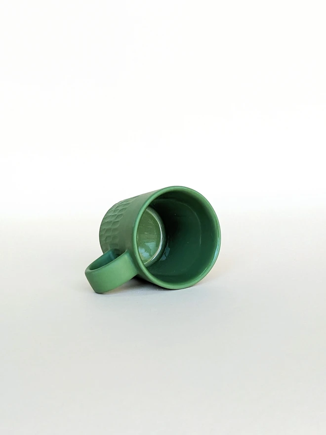 Tiny Porcelain Espresso Cup Dark Angelica Green Hand Carved Scalloped Texture