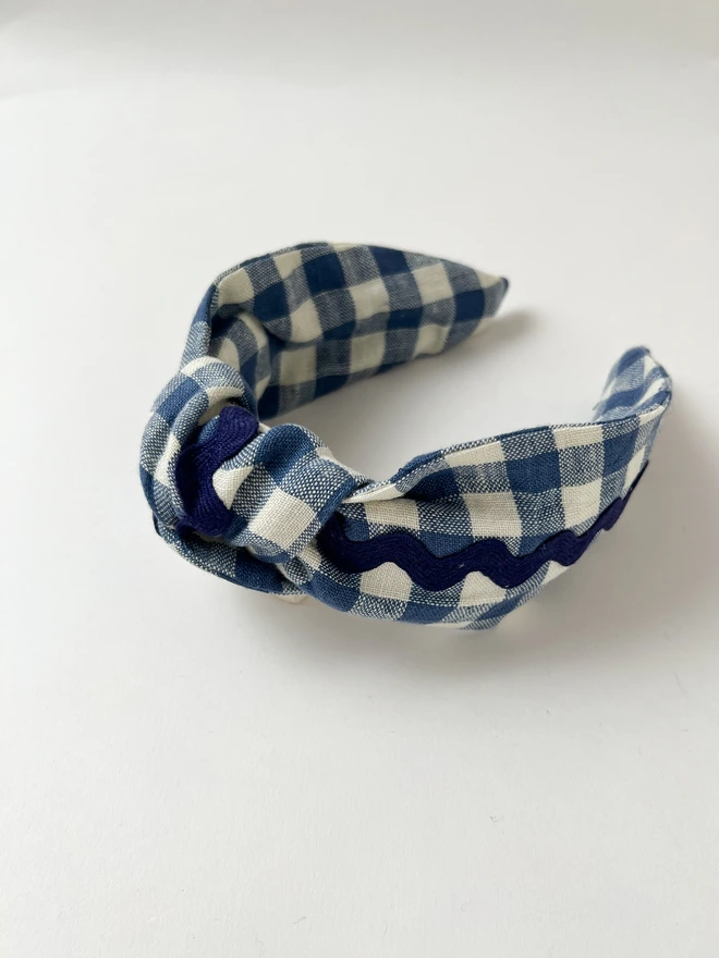 Blue check headband with ric rac detail