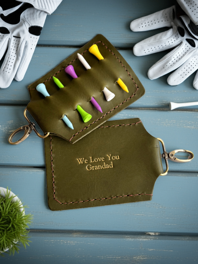 olive green leather golf tee holder with We love you Grandad stamped in gold
