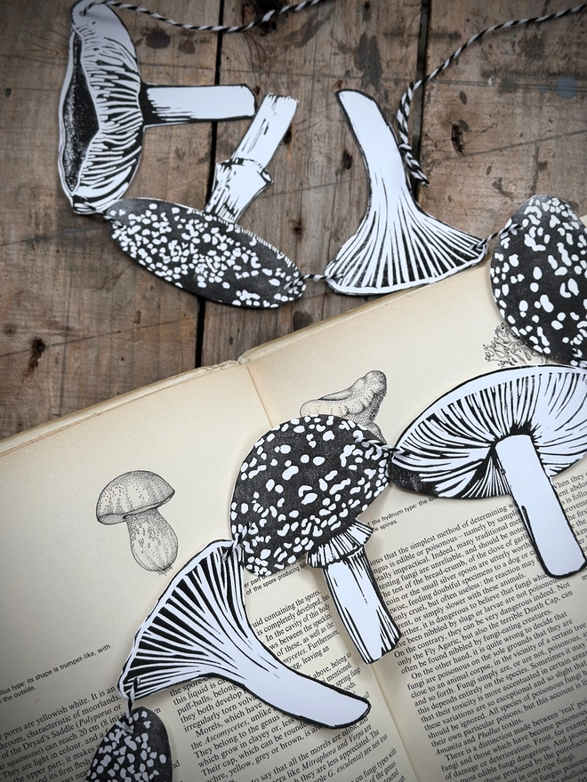 Enchanted Mushroom Garland Hand Printed Monochrome Bunting 