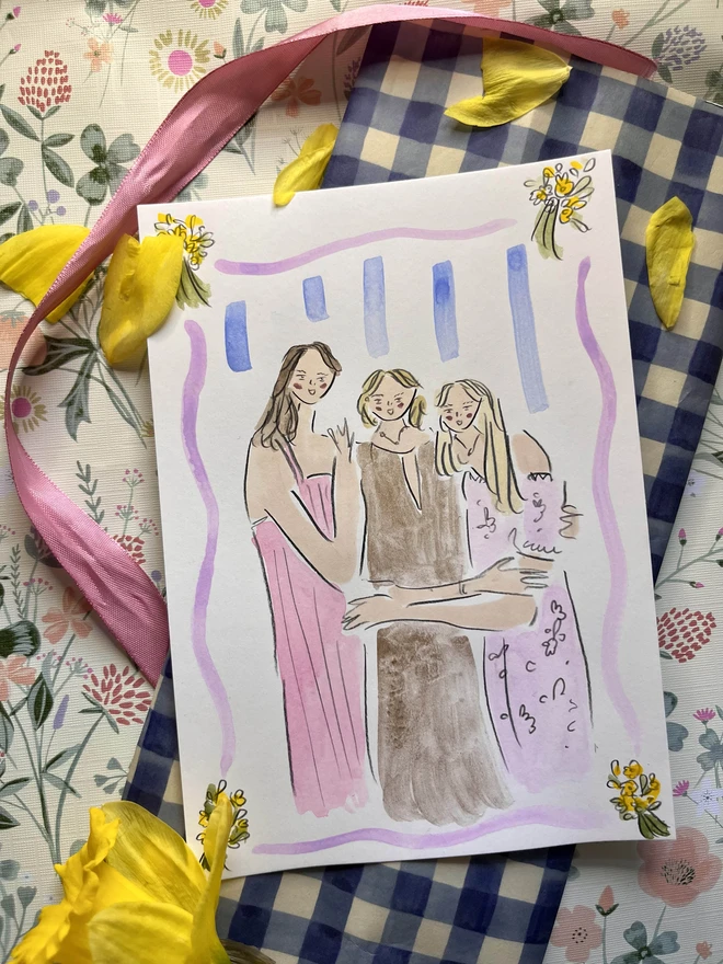 Mother's Day portrait featuring flowers around the edges specifically for mother's day. the example portrair features a mum and her two daughters