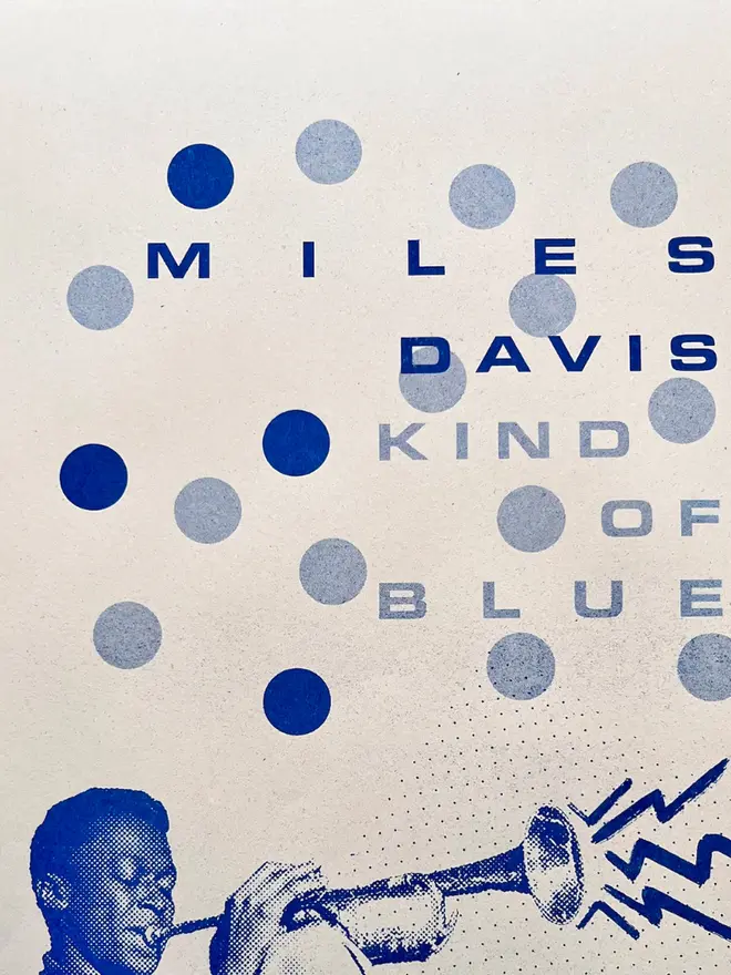 'Miles Davis' Kind Of Blue Risograph Print Jazz Poster, close up. 