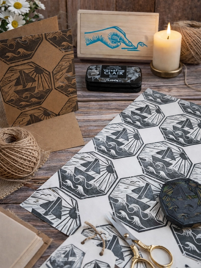 Lino stamp carving & block printing kit in Wooden box for printing on paper with versafine clair ink pad and pack of mastercut soft white lino