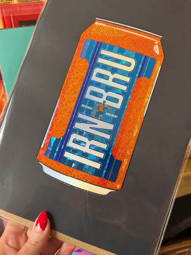 'Irn Bru' Can ScreenPrint, a colourful Irn Bru screenprint held framed. 