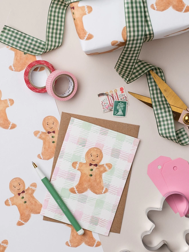 Gingerbread Man Gift Wrap and Gingerbread Man Christmas Card with accompanying gift wrapping and card writing trimmings