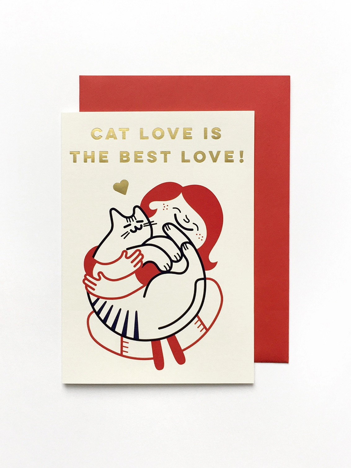 Greeting card showing a girl hugging her cat, it says 'cat love is the best love'